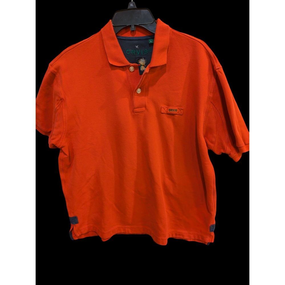 Orvis Mens Large  Polo Shirt Short Sleeve Logo 100%‎ Red/ Orange Heavyweight